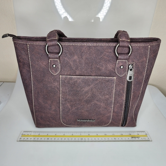 MONTANA WEST BROWN LEATHER AZTEC TAPESTRY CONCEAL CARRY TOTE - Picture 3 of 4